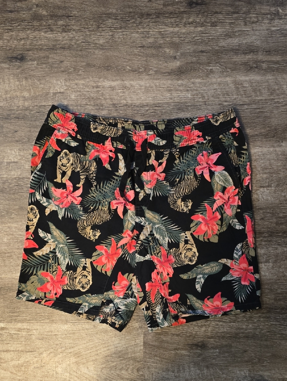 Men's Black Tropical Floral Tiger Shorts with Pink Flowers
